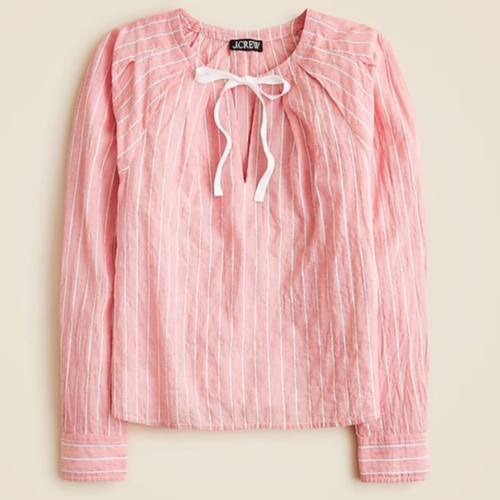 J. Crew Tie Neck Top in Striped Crinkle Cotton in Red and White Size M.